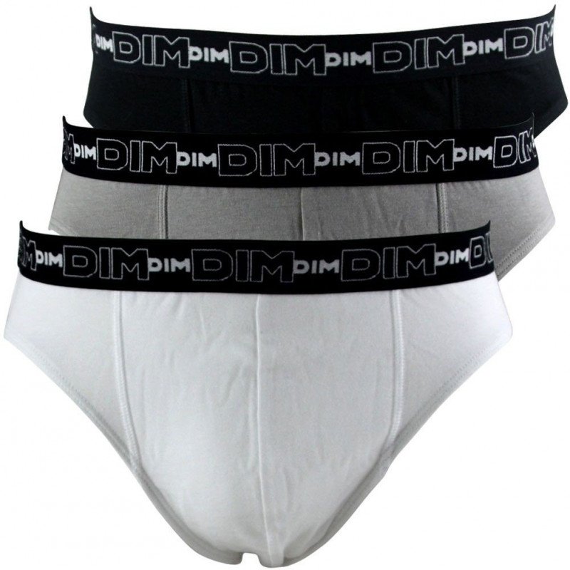 DIM Lot 3 Slips Homme Coton STRETCH Blanc Gris Noir