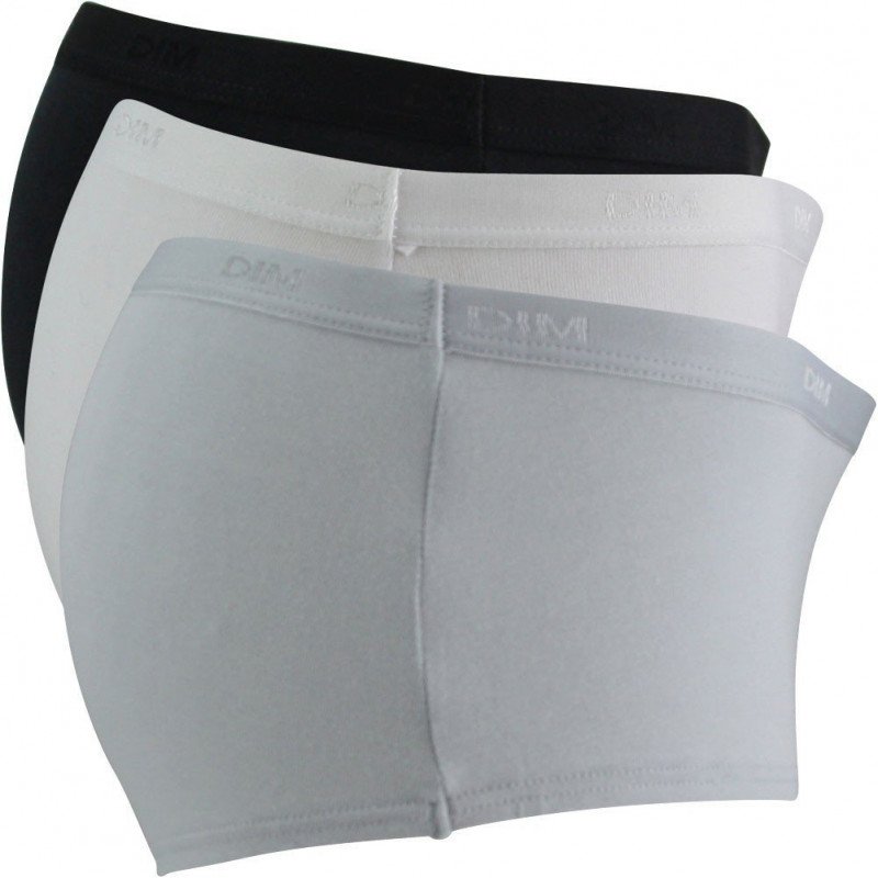 DIM Lot de 3 Boxers Femme Coton Stretch LESUNIS Noir Blanc Gris