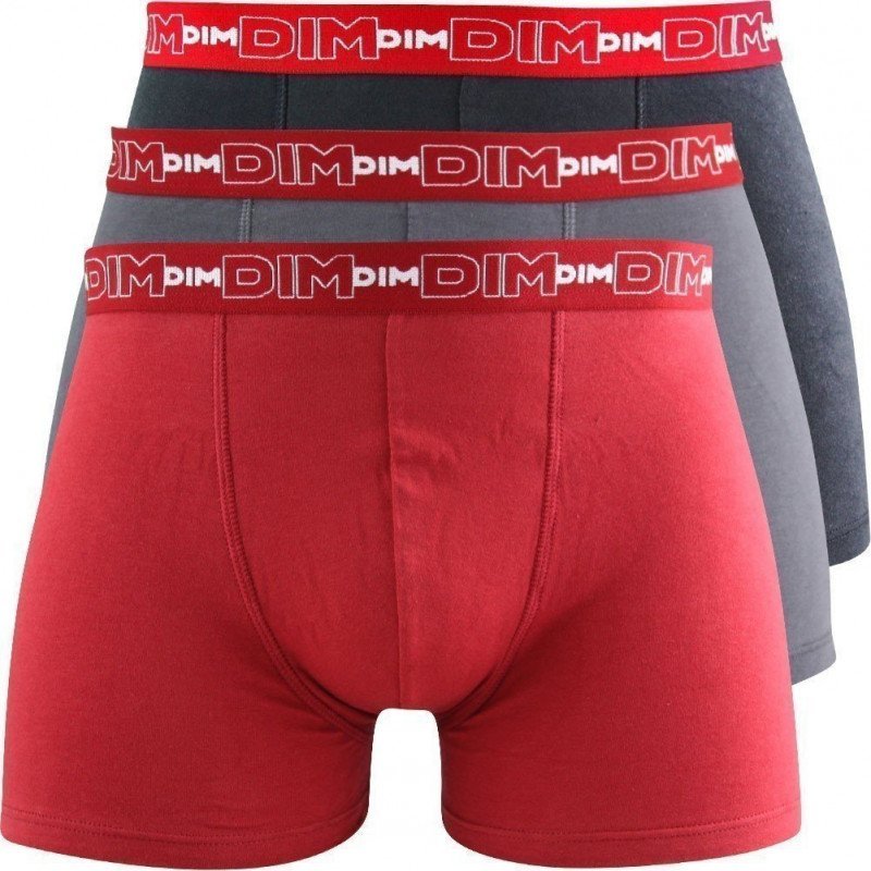 DIM Lot 3 Boxers Homme Coton STRETCH Gris plomb Rouge chili Noir