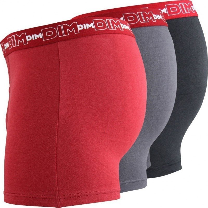 DIM Lot 3 Boxers Homme Coton STRETCH Gris plomb Rouge chili Noir