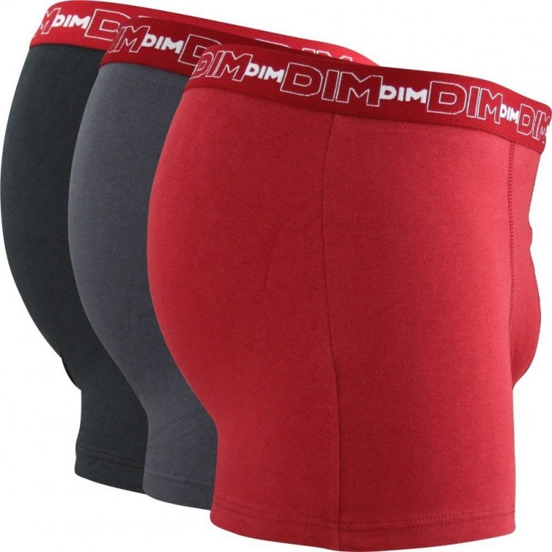 DIM Lot 3 Boxers Homme Coton STRETCH Gris plomb Rouge chili Noir