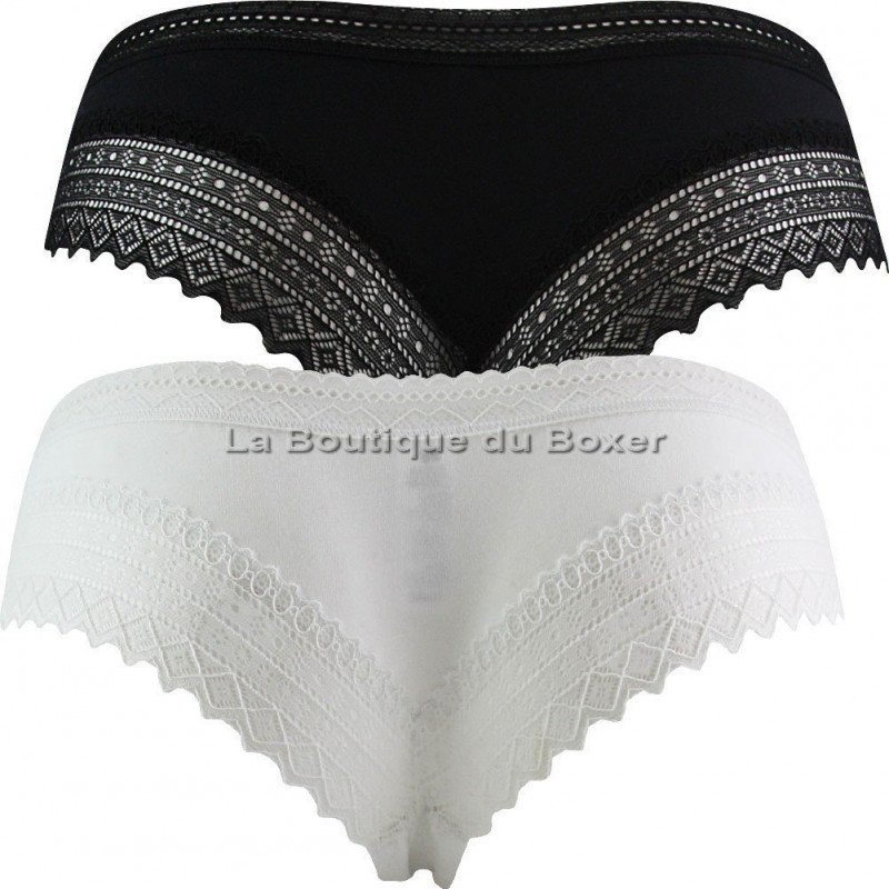 DIM Lot de 2 Shortys Femme Coton Dentelle SEXY FASHION Blanc Noir