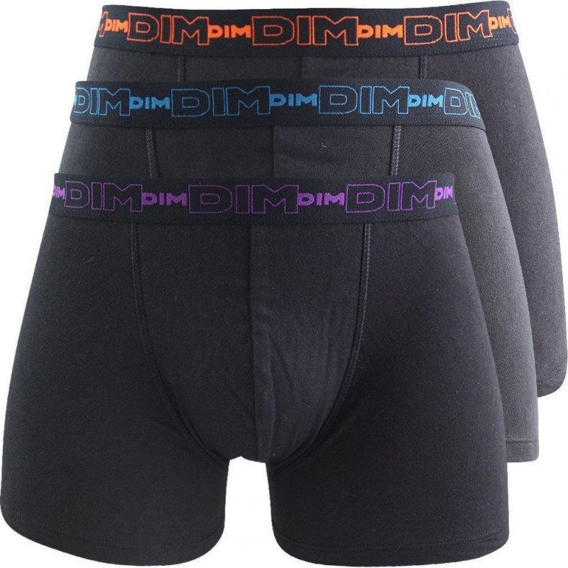 DIM Lot 3 Boxers Homme Coton STRETCH Noir ceinture colorée
