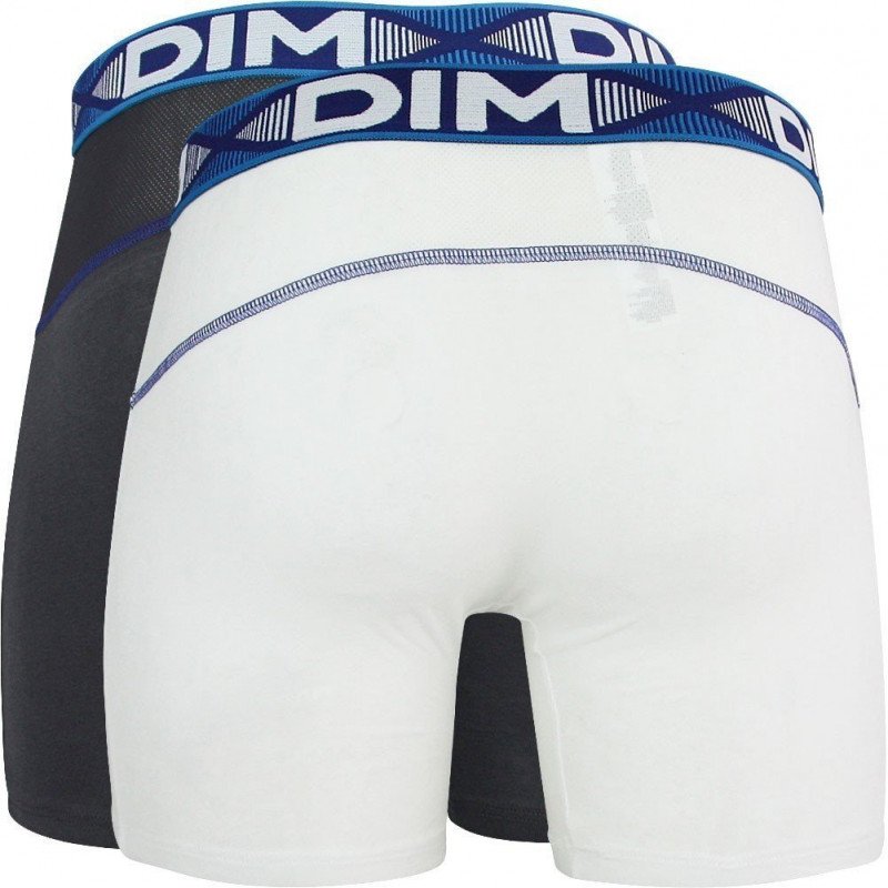 DIM Lot 2 Boxers longs Homme Coton 3D FLEX AIR Blanc Bleu Atlantique Gris plomb