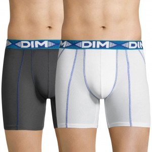 DIM Lot 2 Boxers longs Homme Coton 3D FLEX AIR Blanc Bleu Atlantique Gris plomb