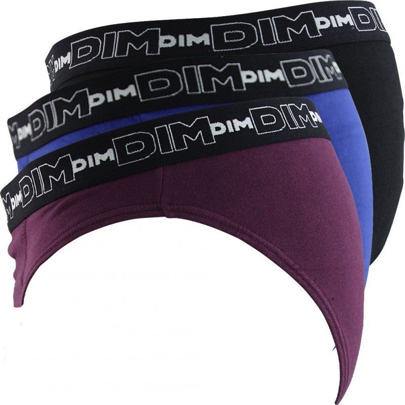 DIM Lot 3 Slips Homme Coton STRETCH Violet intense Bleu atlantique Noir