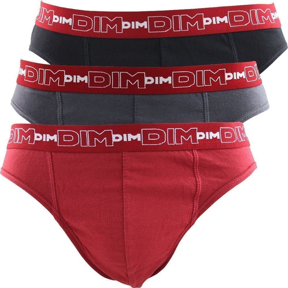 DIM 3 Slips Homme Coton STRETCH Gris plomb Rouge chili Noir
