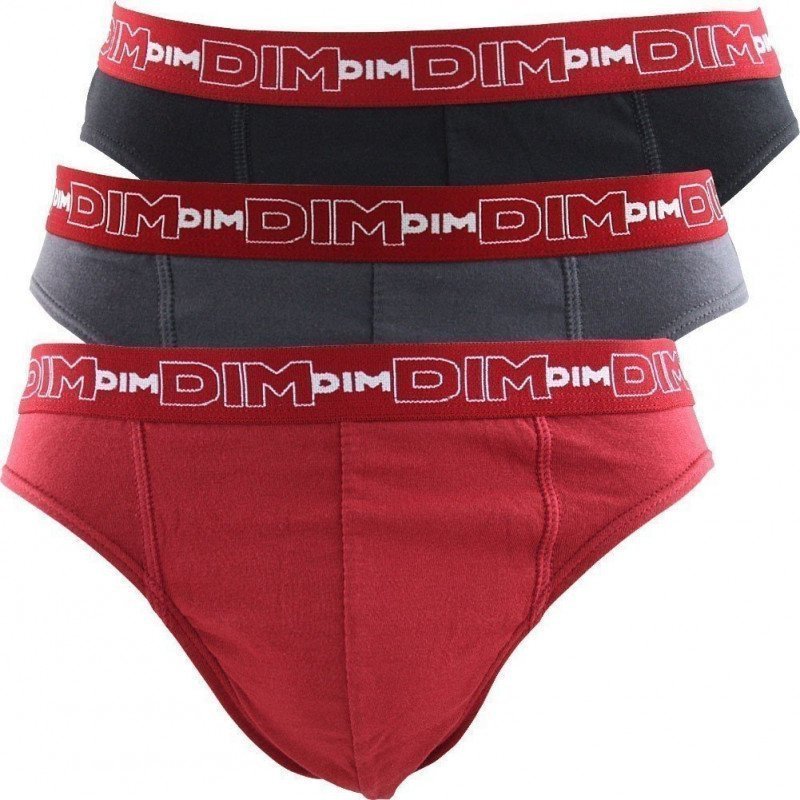 DIM Lot 3 Slips Homme Coton STRETCH Gris plomb Rouge chili Noir