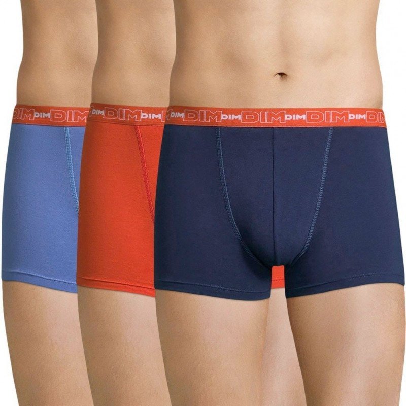 DIM Lot de 3 Boxers Homme Coton STRETCH Bleu intense Bleu marin Orange piquant