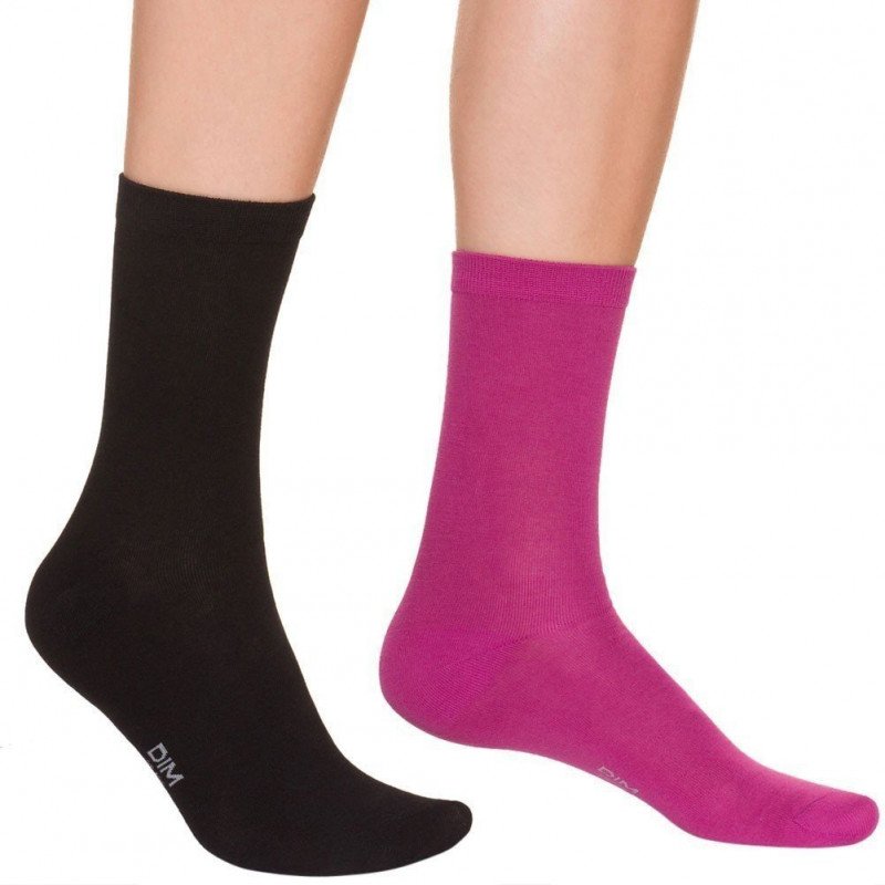 DIM Lot de 2 paires de Chaussettes Femme Coton PURCOTON Rose Noir