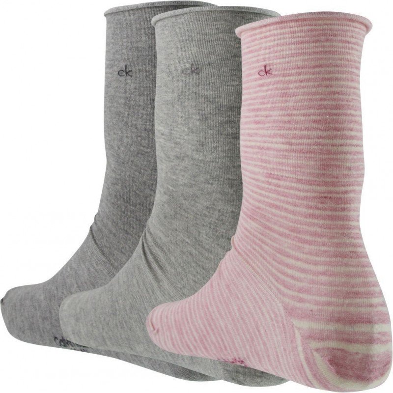 CALVIN KLEIN Lot de 3 paires de Chaussettes Femme Coton ROULETTES Rose Gris