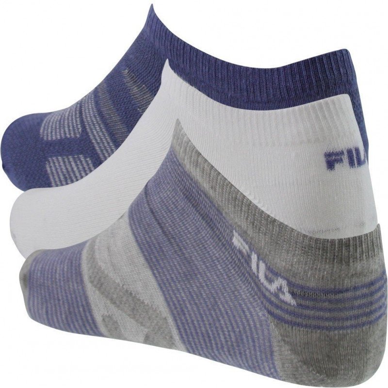 FILA Lot de 3 paires de Socquettes Femme Coton FINES RAYURES Violet Blanc Gris