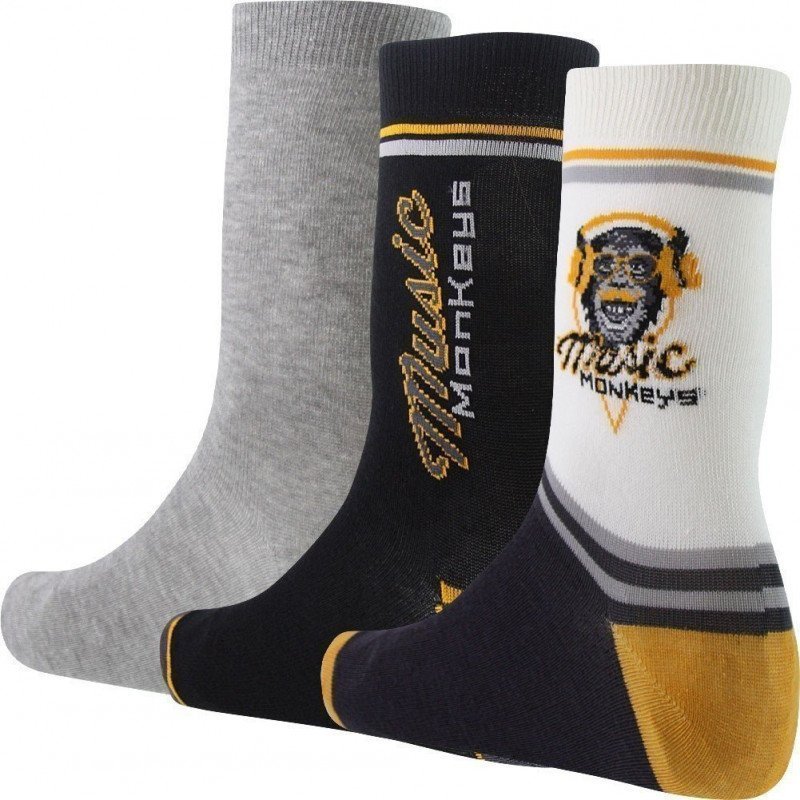 TWINDAY Lot de 3 paires de Chaussettes Garçon Coton MUSIC MONKEY Noir Souris Moutarde