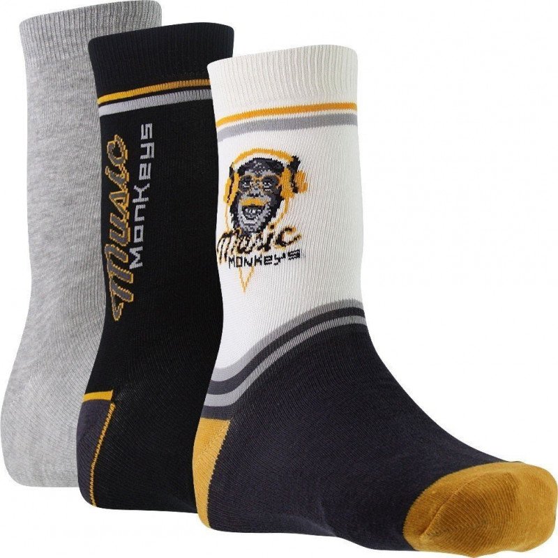 TWINDAY Lot de 3 paires de Chaussettes Garçon Coton MUSIC MONKEY Noir Souris Moutarde