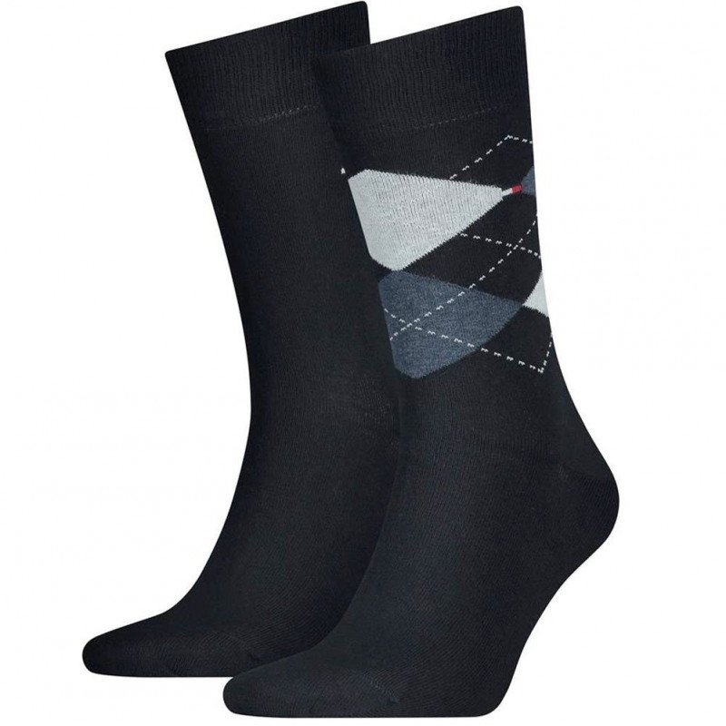 TOMMY HILFIGER Lot de 2 paires de Chaussettes Homme Coton CHECK Marine foncé