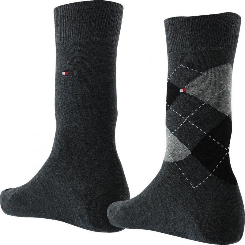 TOMMY HILFIGER Lot de 2 paires de Chaussettes Homme Coton CHECK Anthracite