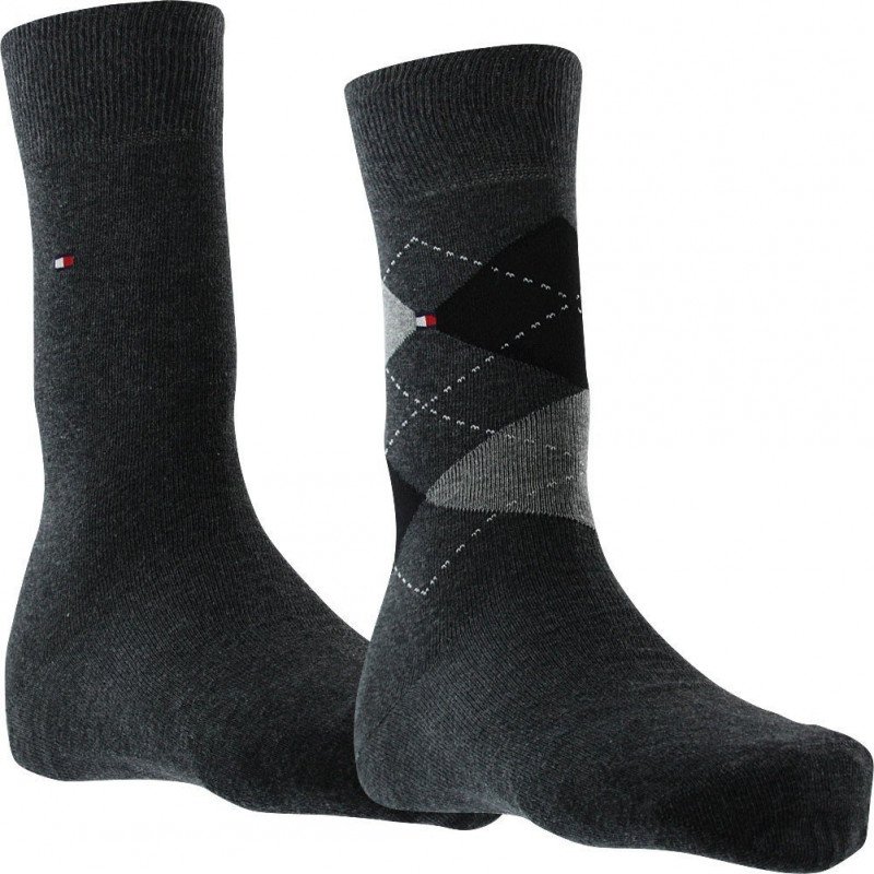 TOMMY HILFIGER Lot de 2 paires de Chaussettes Homme Coton CHECK Anthracite