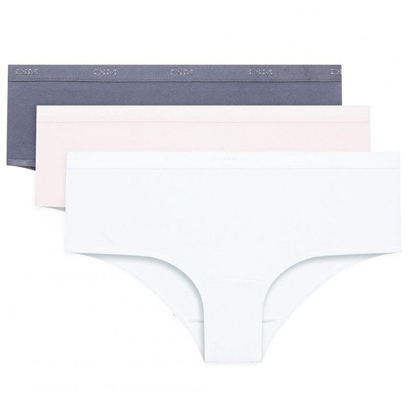 DIM Lot de 3 Boxers Femme Coton ECODIM Gris granite Rose meringue Blanc