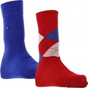 TOMMY HILFIGER Lot de 2 paires de Chaussettes Homme Coton CHECK Bleu Rouge