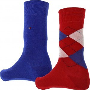 TOMMY HILFIGER 2 paires Chaussettes Homme Coton CHECK Bleu Rouge