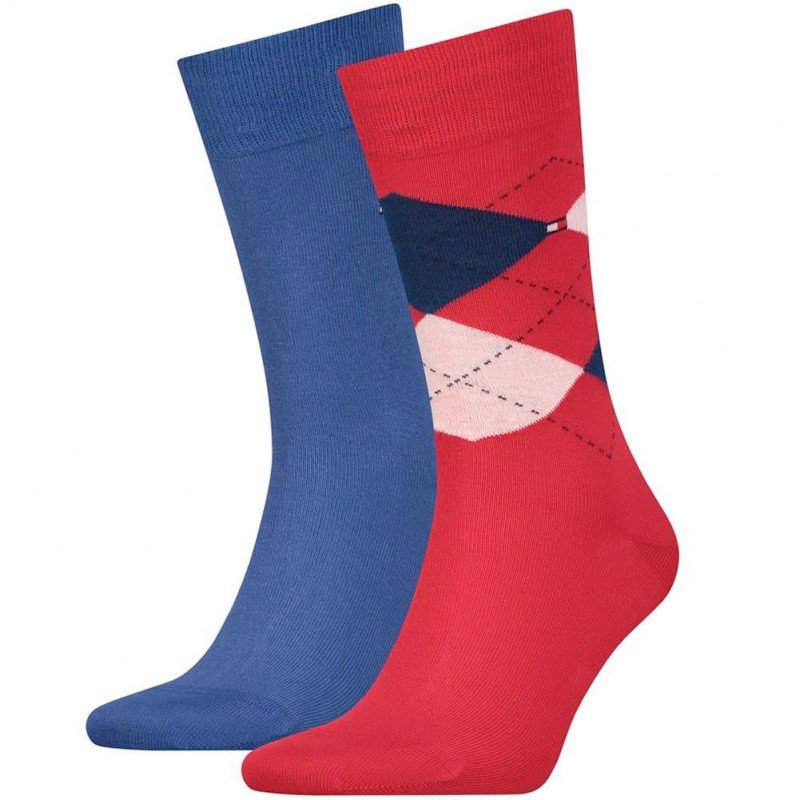 TOMMY HILFIGER Lot de 2 paires de Chaussettes Homme Coton CHECK Bleu Rouge