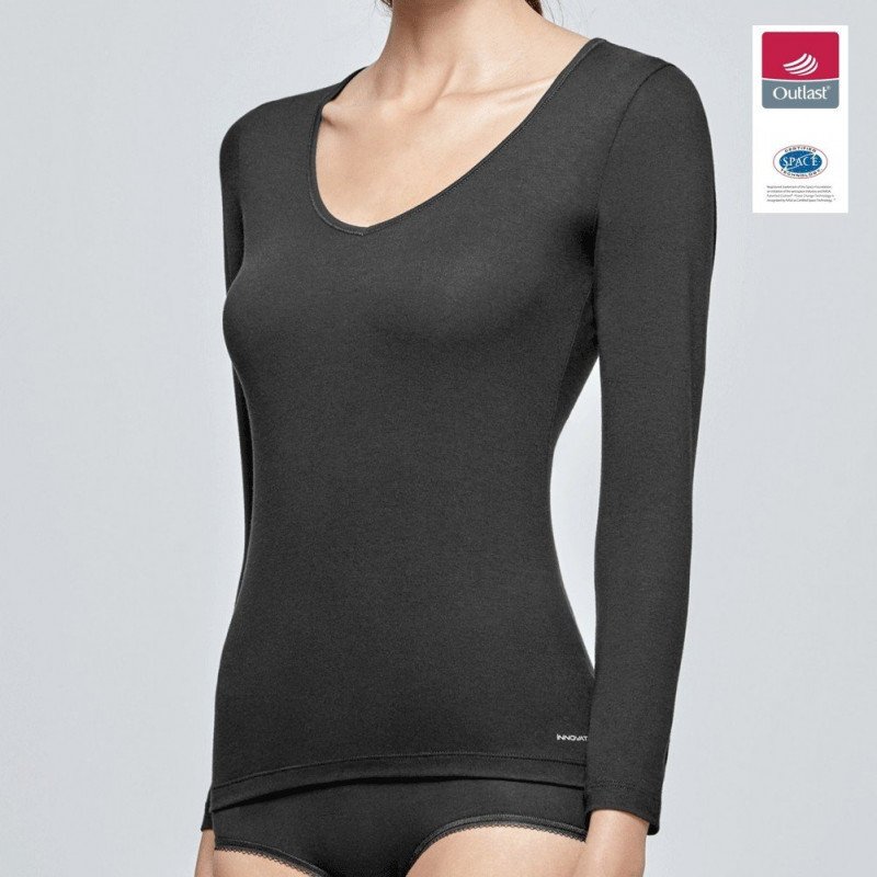T-shirt manches longues col en V Femme INNOVATION Noir et Uni