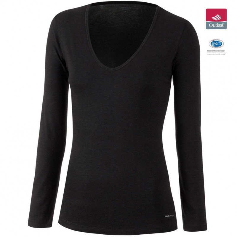 T-shirt manches longues col en V Femme INNOVATION Noir et Uni