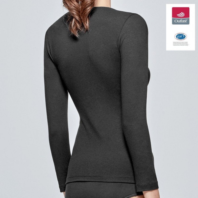 T-shirt manches longues col en V Femme INNOVATION Noir et Uni