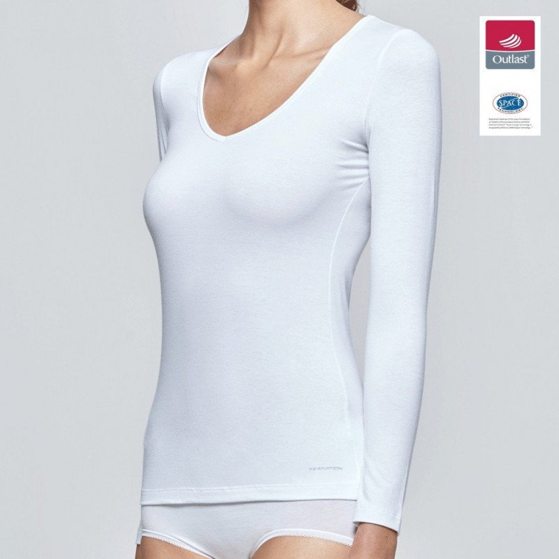 IMPETUS T-shirt Manches longues Col V Femme Coton Viscose INNOVATION Blanc