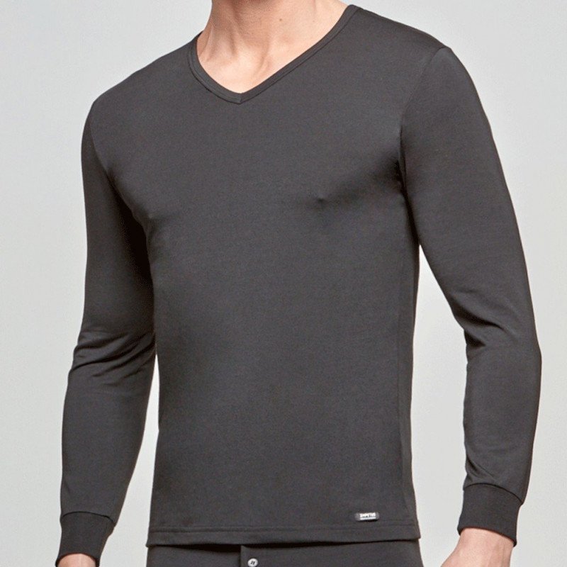 T-shirt manches longues col en V Homme THERMO Noir et Uni