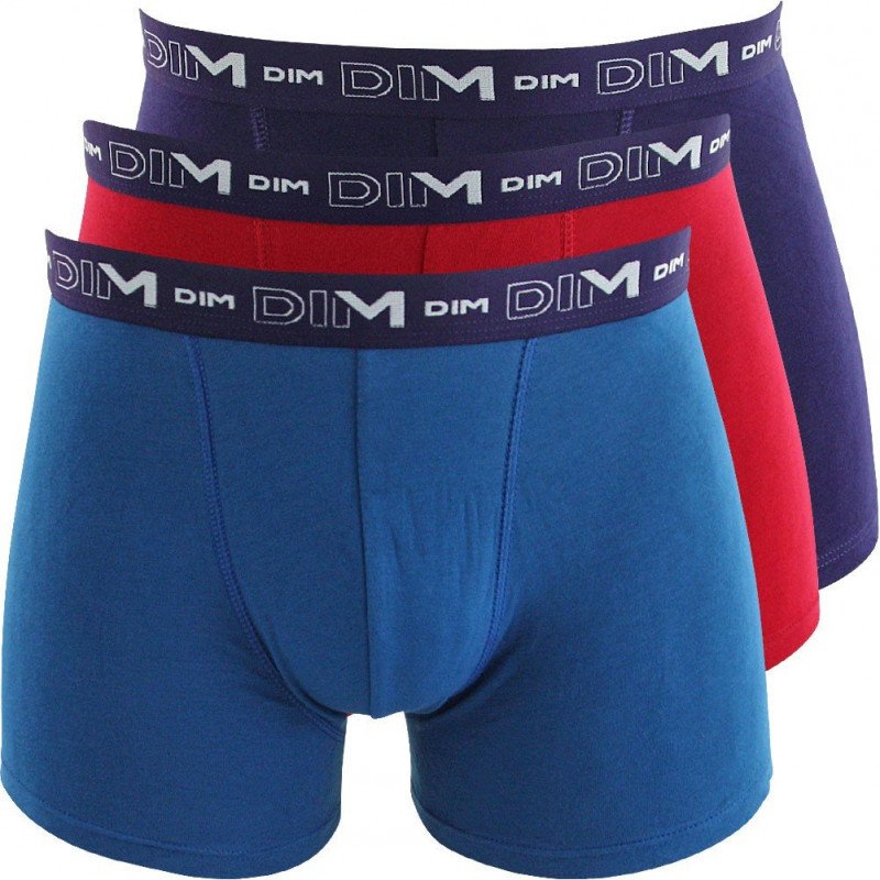 DIM Lot de 3 Boxers Homme Coton STRETCH Rouge baie Bleu atlantique Bleu crépuscule