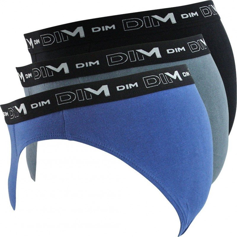 DIM Lot de 3 Slips Homme Coton STRETCH Bleu turquin Gris souris Noir