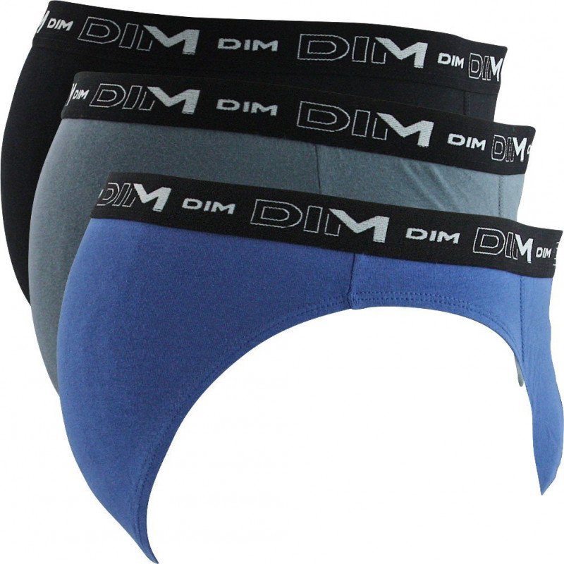 DIM Lot de 3 Slips Homme Coton STRETCH Bleu turquin Gris souris Noir