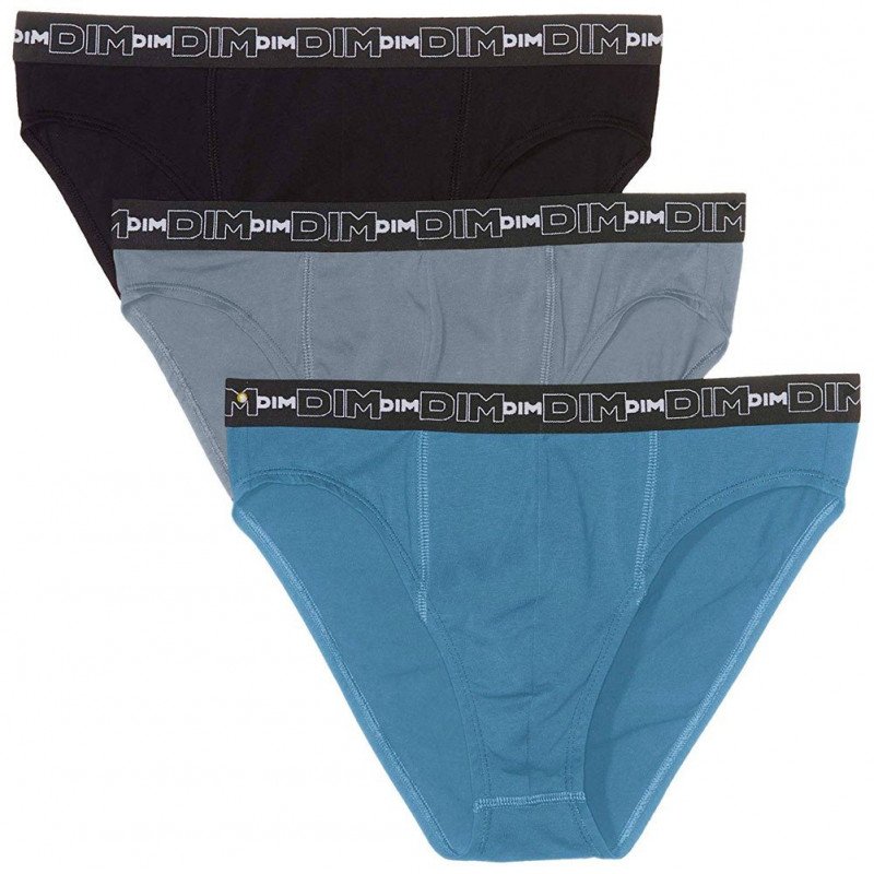 DIM Lot de 3 Slips Homme Coton STRETCH Bleu turquin Gris souris Noir