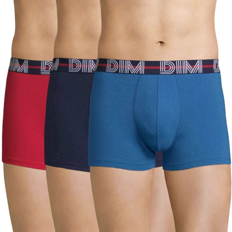 DIM Lot de 3 Boxers Homme Coton POWERFULL Rouge baie Bleu nuit Bleu cobalt