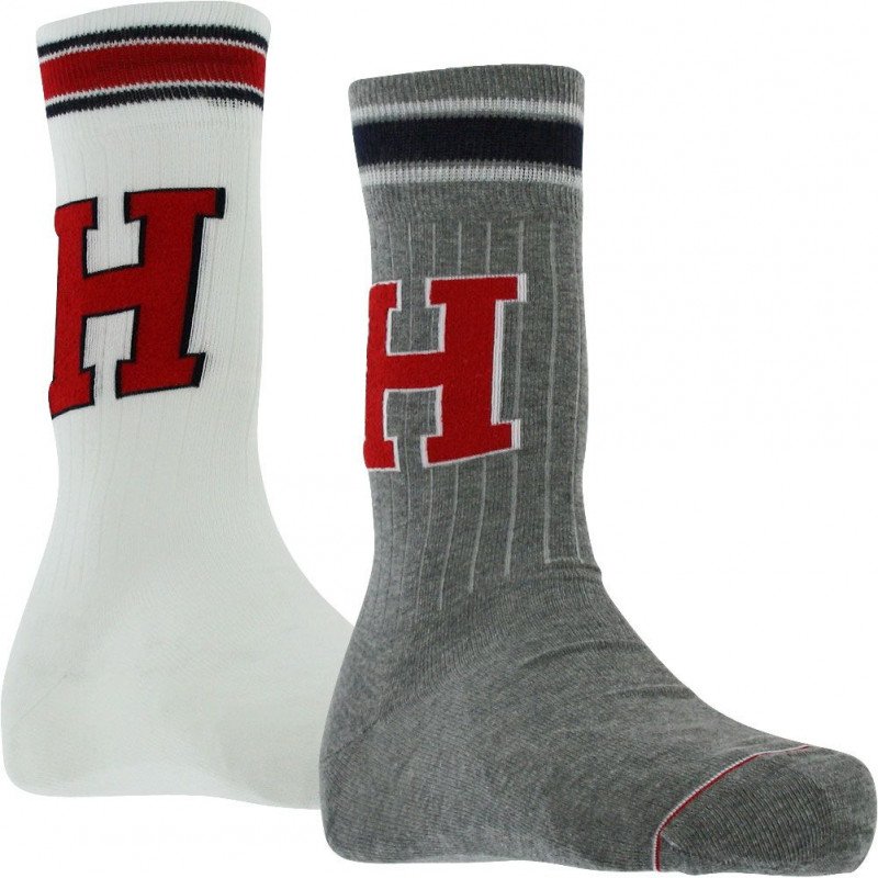 TOMMY HILFIGER Lot de 2 paires de Chaussettes Homme Coton PATCH Gris Blanc