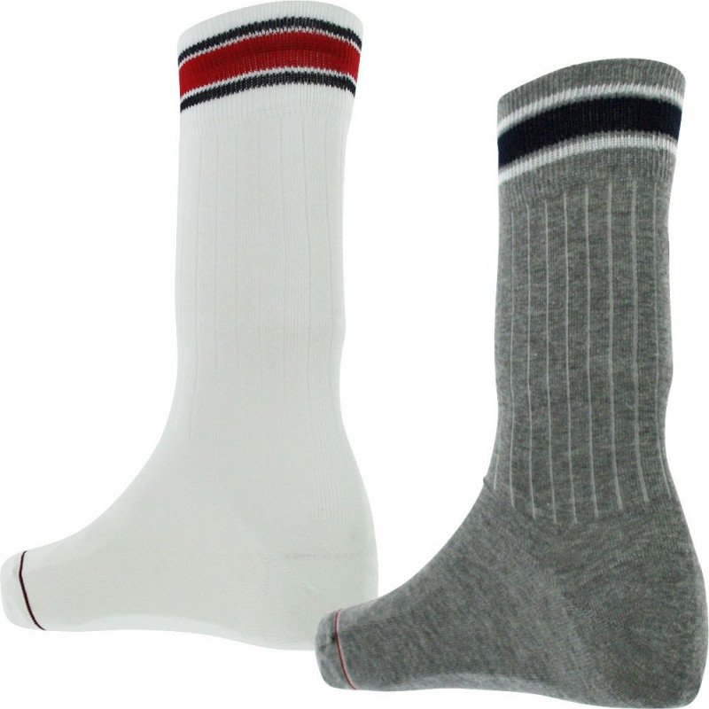 TOMMY HILFIGER Lot de 2 paires de Chaussettes Homme Coton PATCH Gris Blanc