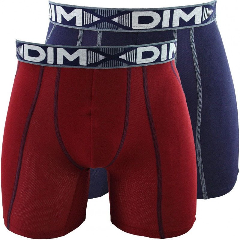 DIM Lot de 2 Boxers longs Homme Coton 3D FLEX AIR Rouge craie Bleu denim