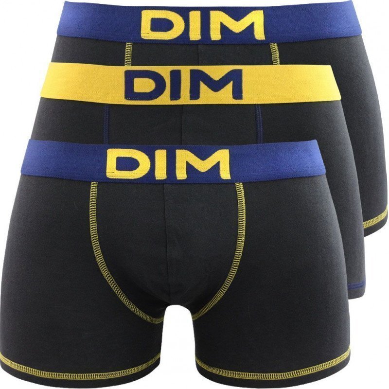 DIM Lot de 3 Boxers Homme Coton MIX AND COLORS Noir Jaune safran Bleu marin