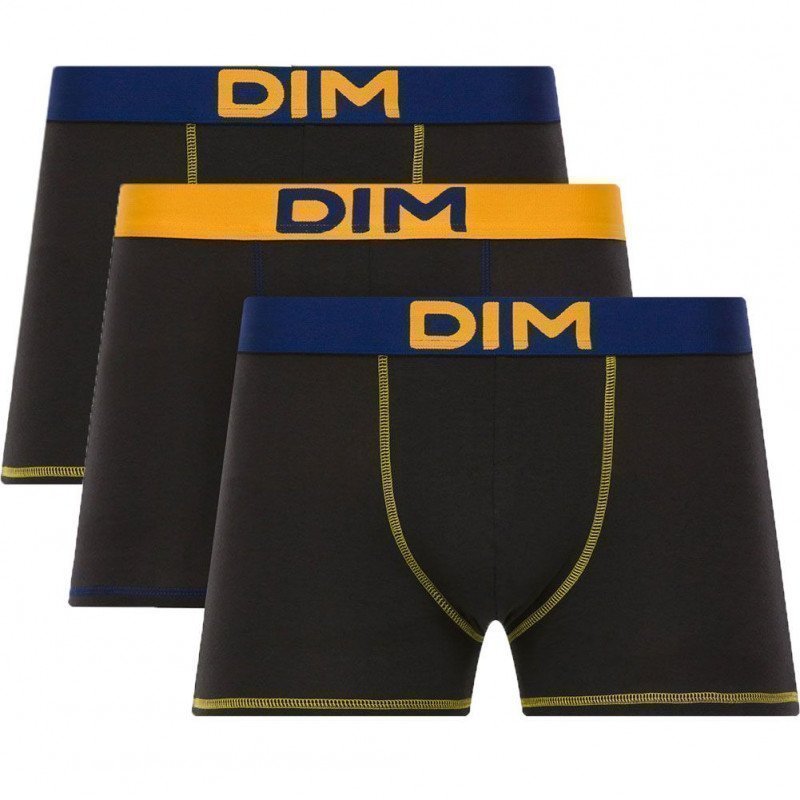 DIM Lot de 3 Boxers Homme Coton MIX AND COLORS Noir Jaune safran Bleu marin