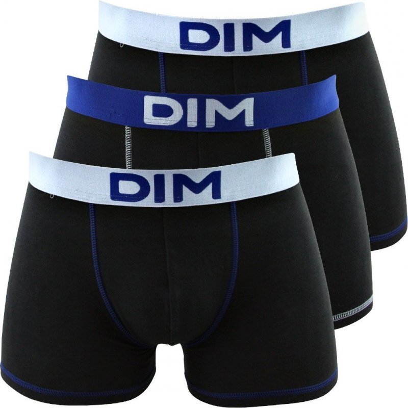 DIM Lot de 3 Boxers Homme Coton MIX AND COLORS Noir ceinture Bleu ciel Bleu azur