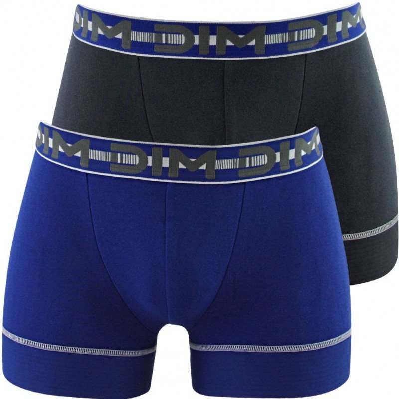 DIM Lot de 2 Boxers Homme Coton 3D STAY FIT Bleu azur Gris granit