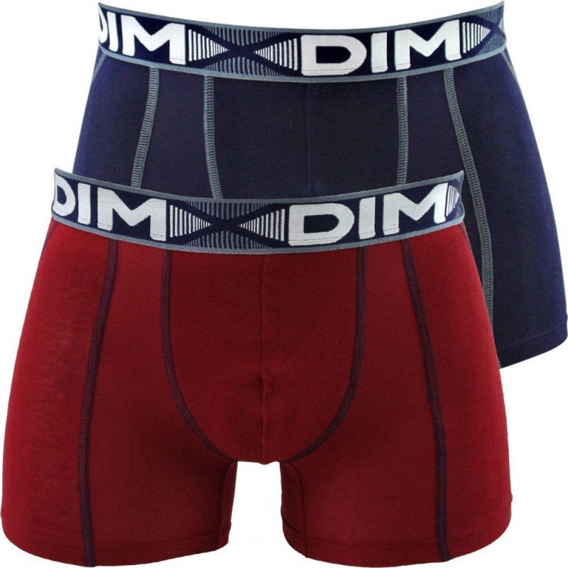 DIM 2 Boxers Homme Coton 3D FLEX AIR Rouge craie Bleu denim