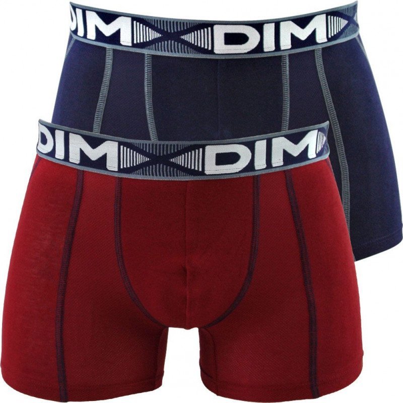 DIM Lot de 2 Boxers Homme Coton 3D FLEX AIR Rouge craie Bleu denim