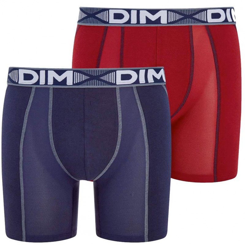DIM Lot de 2 Boxers longs Homme Coton 3D FLEX AIR Rouge craie Bleu denim