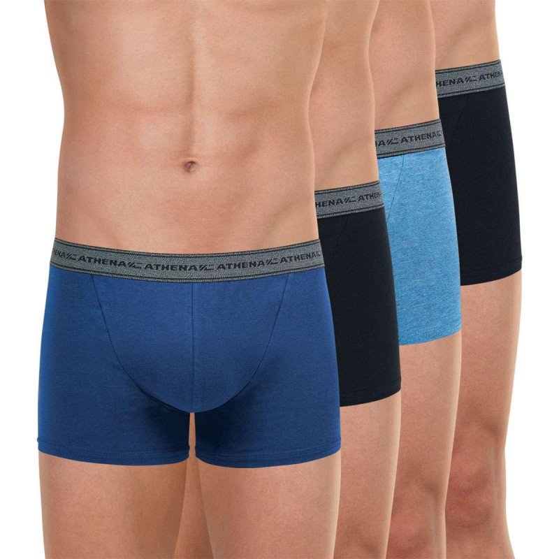 ATHENA Lot de 4 Boxers Homme Coton BASIC Bleu chiné Marine Noir