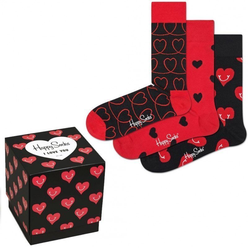 HAPPY SOCKS Coffret de 3 Chaussettes Mixte Coton ILOVEU Noir Rouge