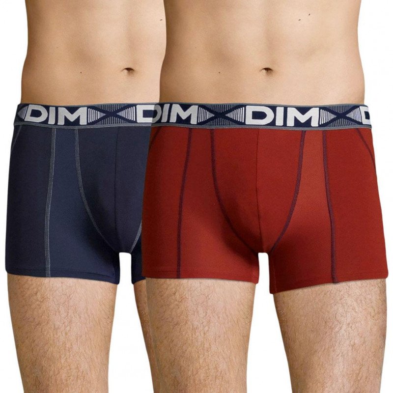 DIM Lot de 2 Boxers Homme Coton 3D FLEX AIR Rouge craie Bleu denim