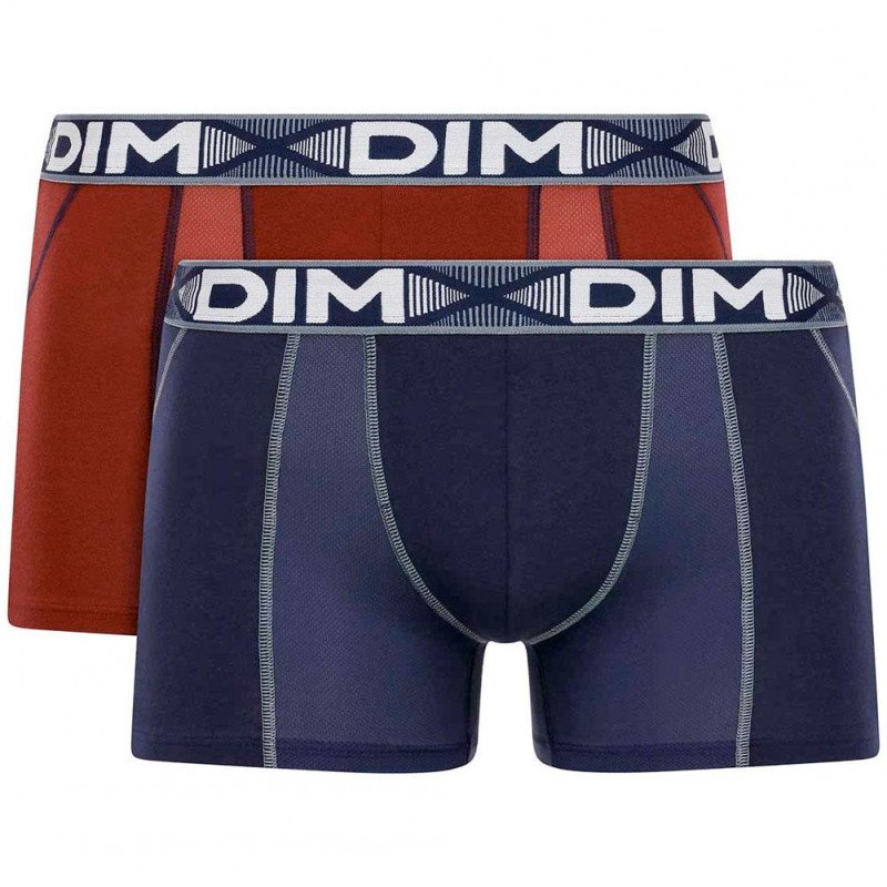 DIM Lot de 2 Boxers Homme Coton 3D FLEX AIR Rouge craie Bleu denim