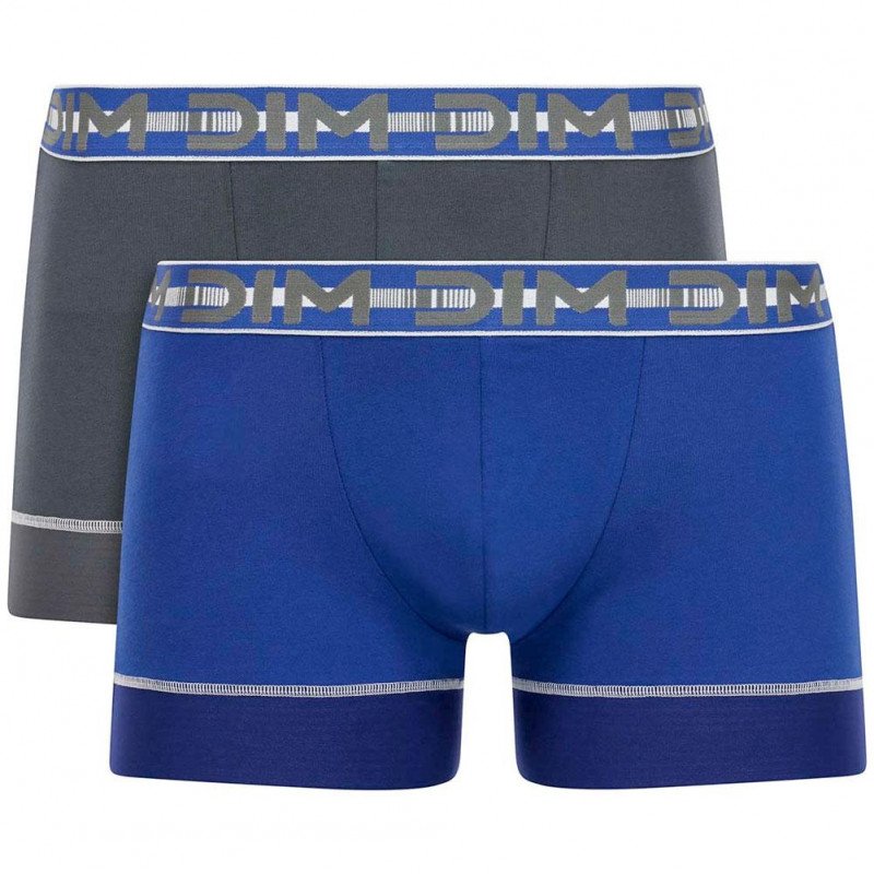 DIM Lot de 2 Boxers Homme Coton 3D STAY FIT Bleu azur Gris granit